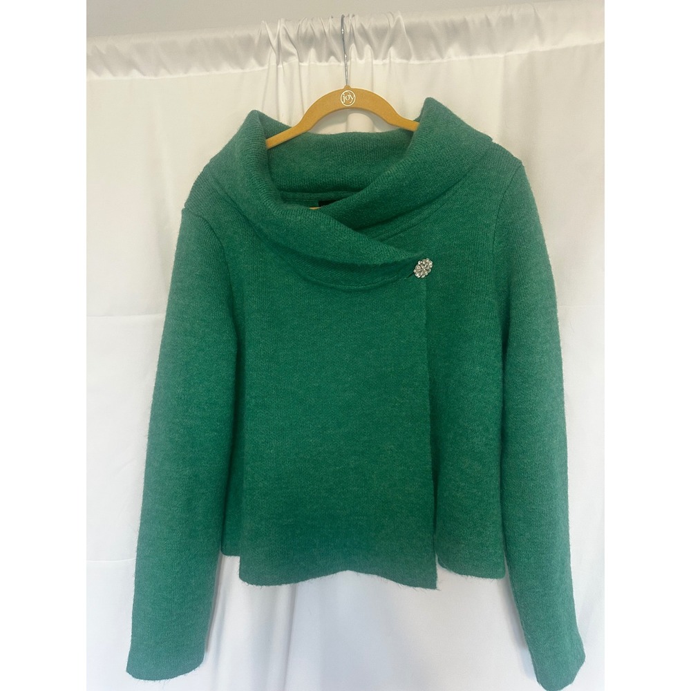 Adrienne Vittadini Green Wool Blend Cowl Neck Wrap Cardigan Brooch XL